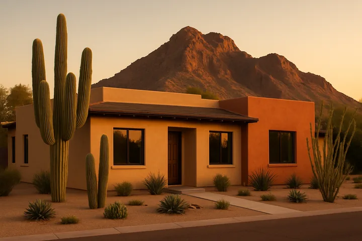 Old Town Scottsdale modern desert STR exterior with mountain backdrop
